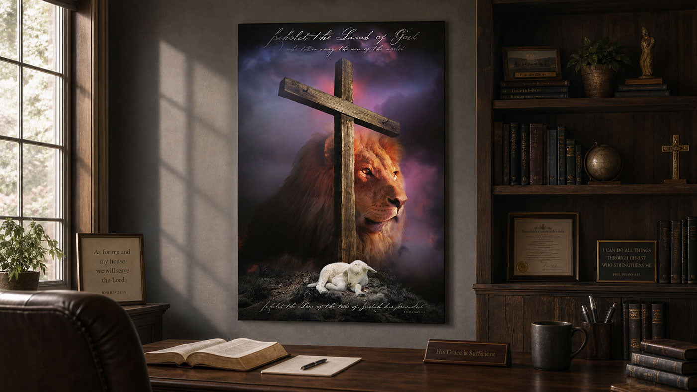 Lion, lamb, and wooden cross beneath “Behold the Lamb of God” in a dark purple sky in the office of a church pastor.