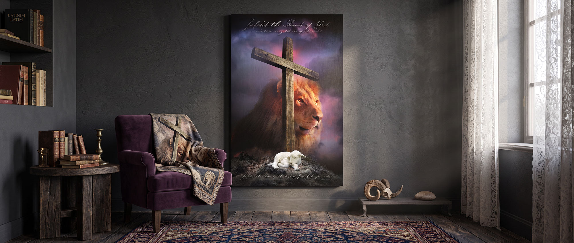 Lion, lamb, and wooden cross beneath “Behold the Lamb of God” in a dark purple sky in a worship room.