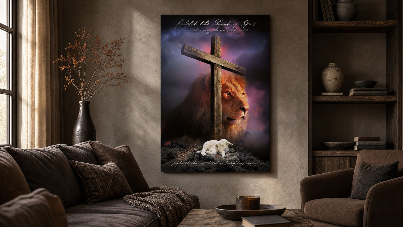 Lion, lamb, and wooden cross beneath “Behold the Lamb of God” in a dark purple sky in a church room