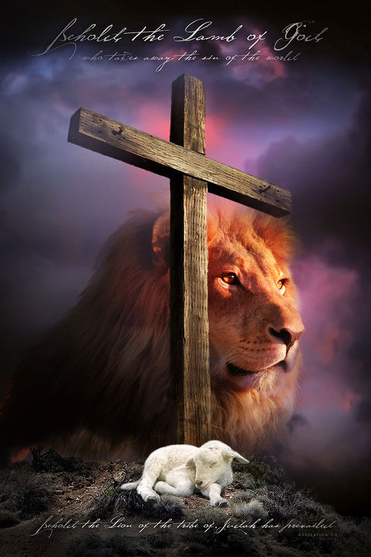 Lion, lamb, and wooden cross beneath “Behold the Lamb of God” in a dark purple sky.