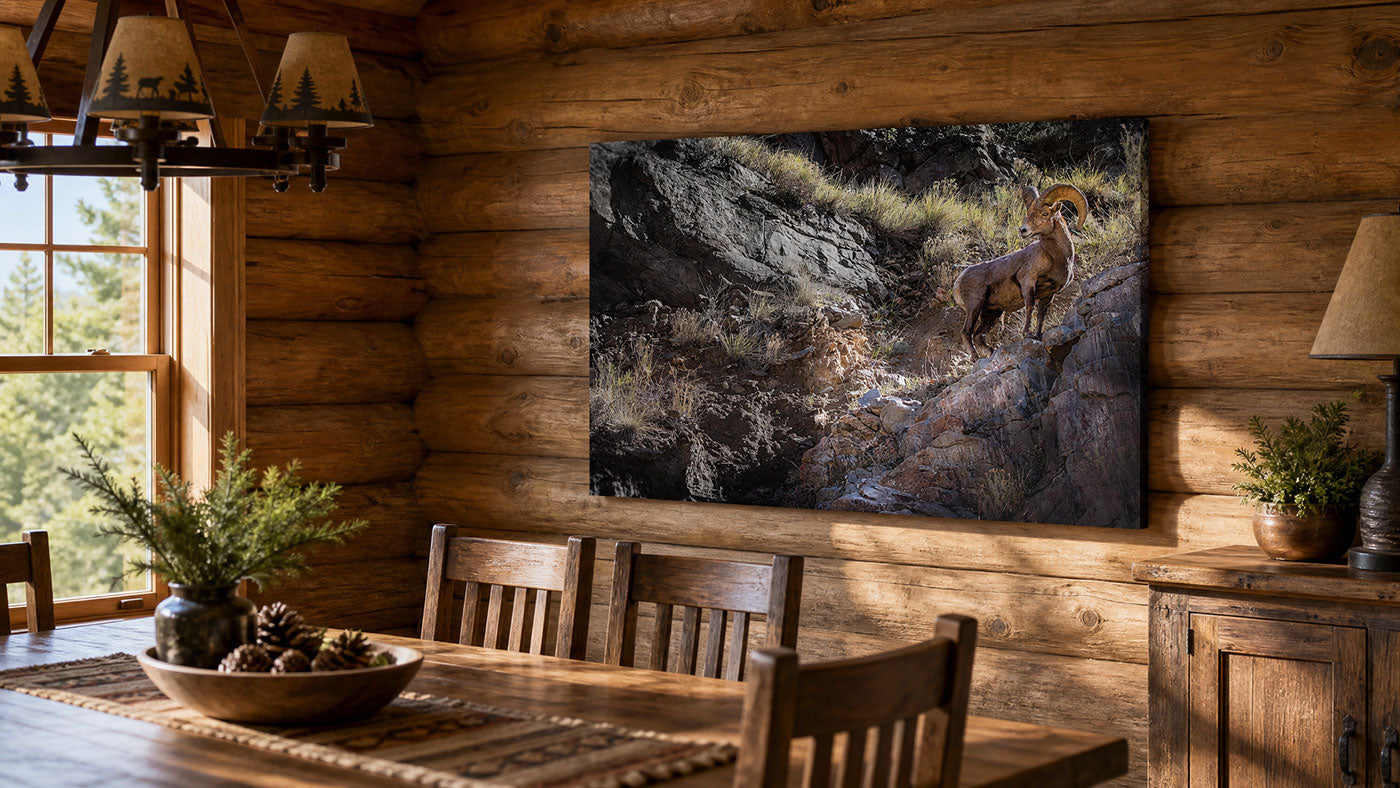 A large rectangular wall art print showing a rocky mountain scene with a bighorn sheep, displayed in a rustic wood dining room interior.