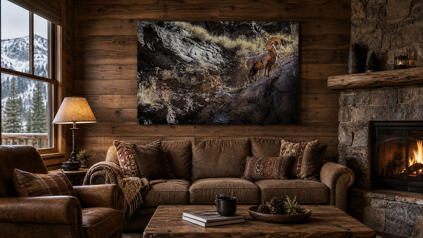A large rectangular wall art print depicting a mountain goat on a rocky cliff, displayed in a rustic cabin living room above a brown sofa with a fireplace and wood stove in the background.