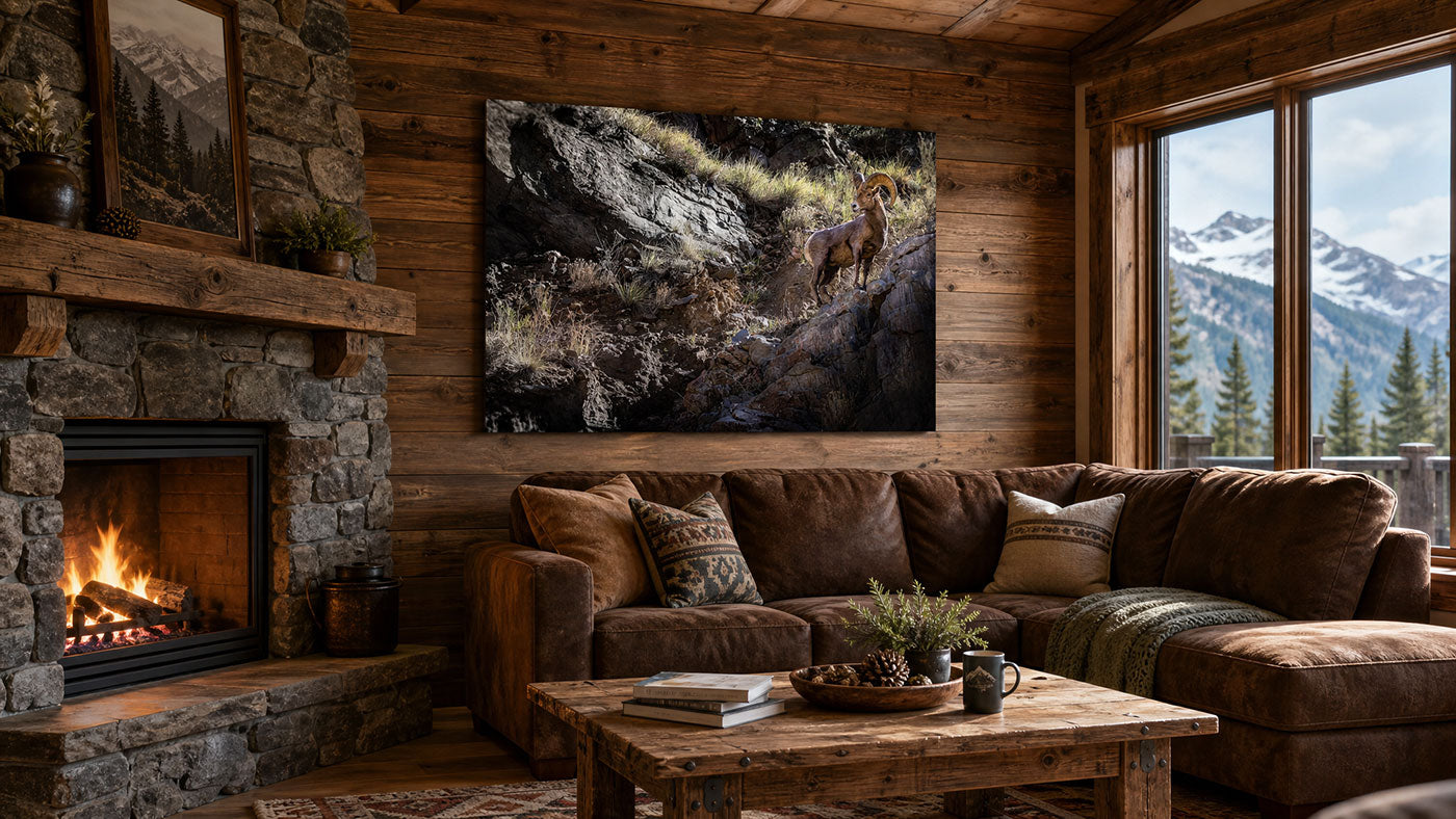 A large rectangular wall art print showing a mountain goat on a rocky slope, displayed above a brown sectional sofa in a rustic wood-paneled living room with a stone fireplace and mountain view through the windows.