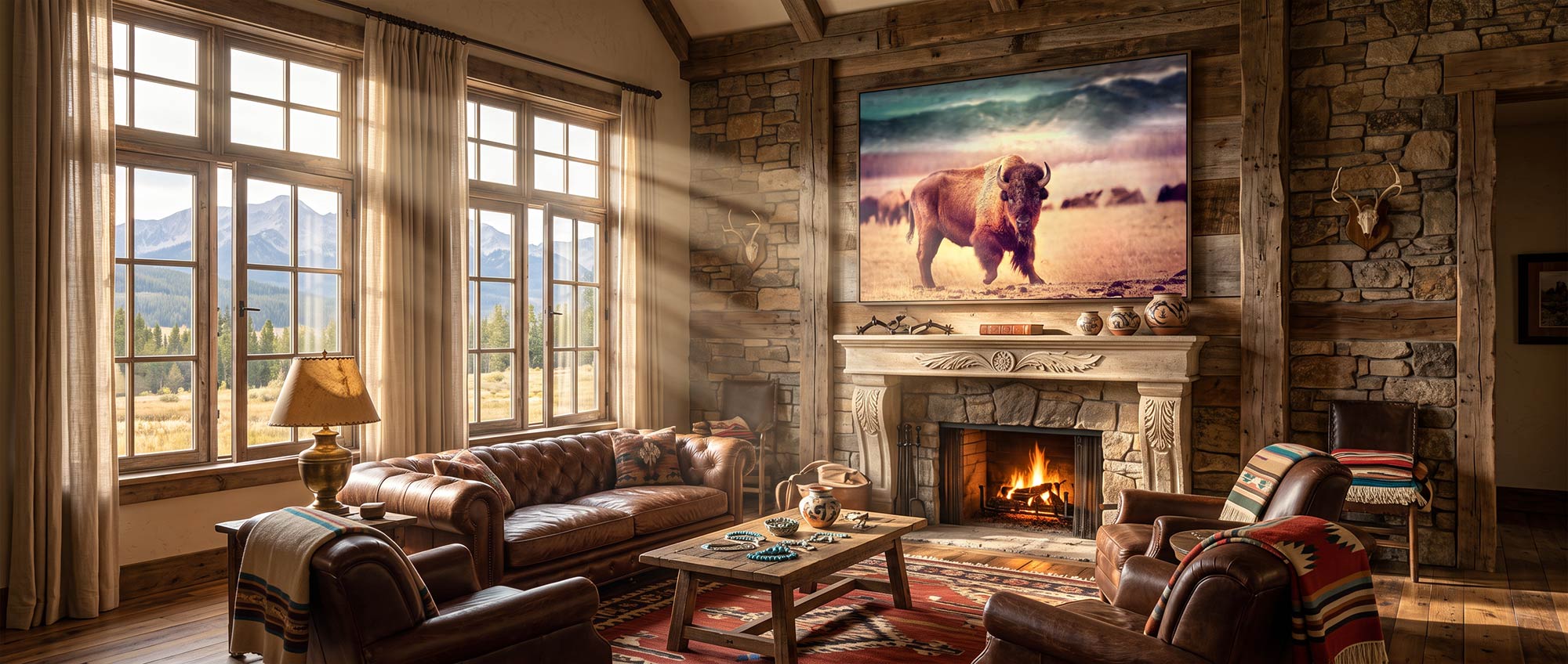 A large framed wall art print depicting a bison in a desert landscape, displayed above a stone fireplace in a rustic, sunlit living room with leather sofas and wood floors.