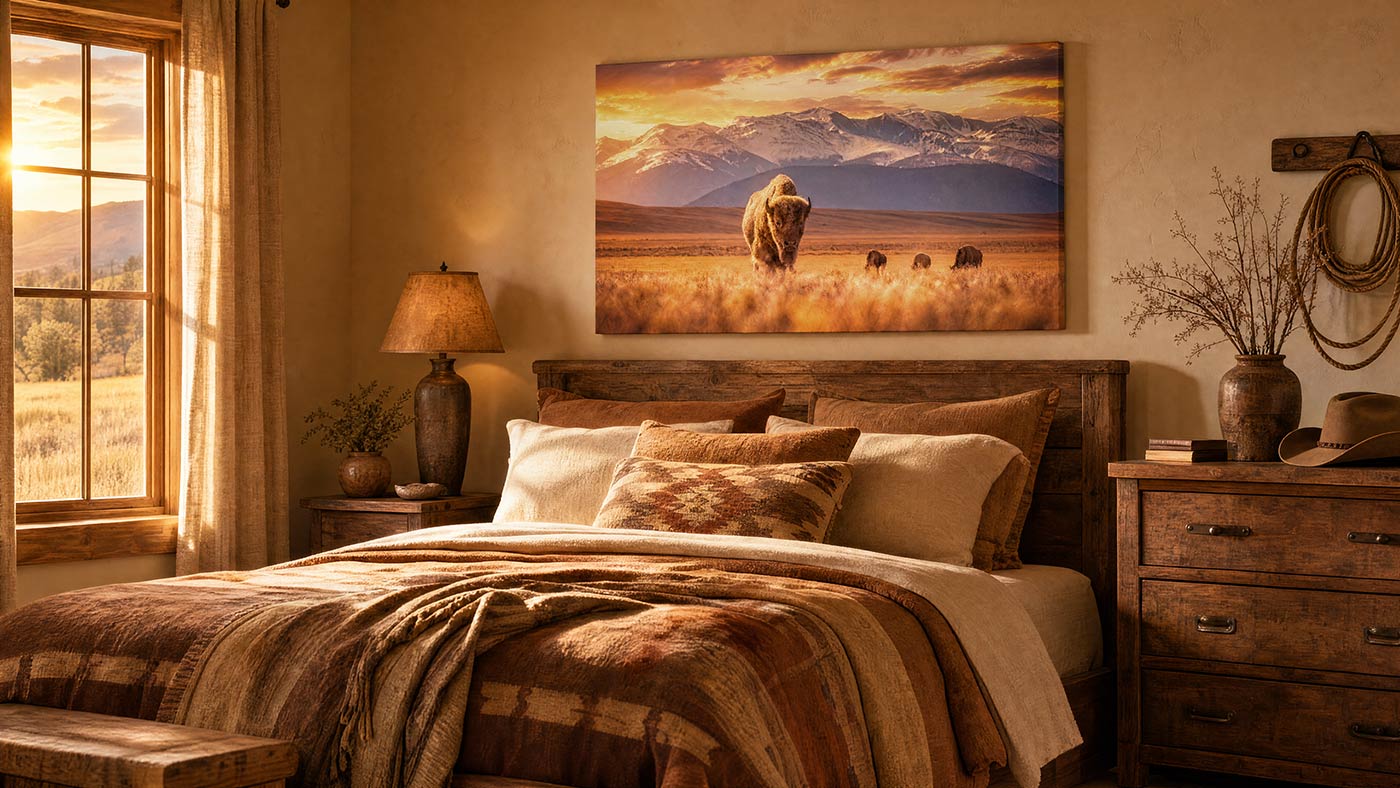 A rustic bedroom scene with a large wall art print above the bed showing a bison in a golden prairie with mountains in the background. The room has warm wood furniture, a window with curtains, a lamp, and decorative items.