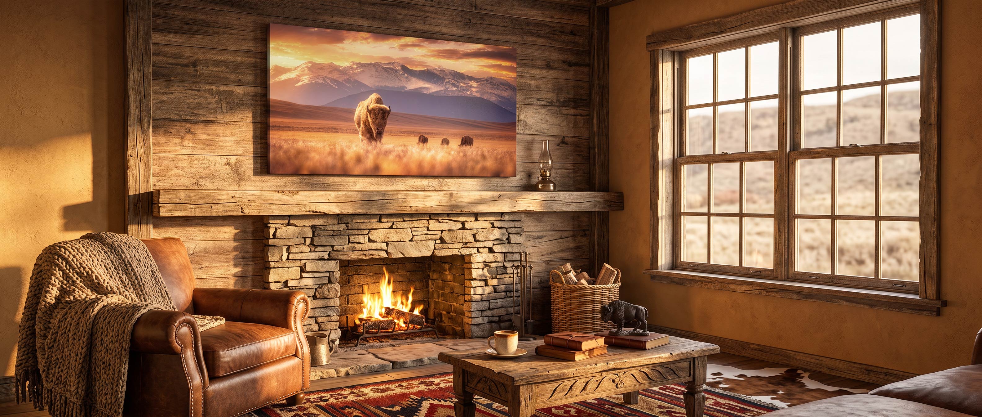 A framed landscape art print depicting a bison in a golden field under a dramatic sunset sky, displayed on a rustic wood wall above a stone fireplace in a cozy cabin living room.