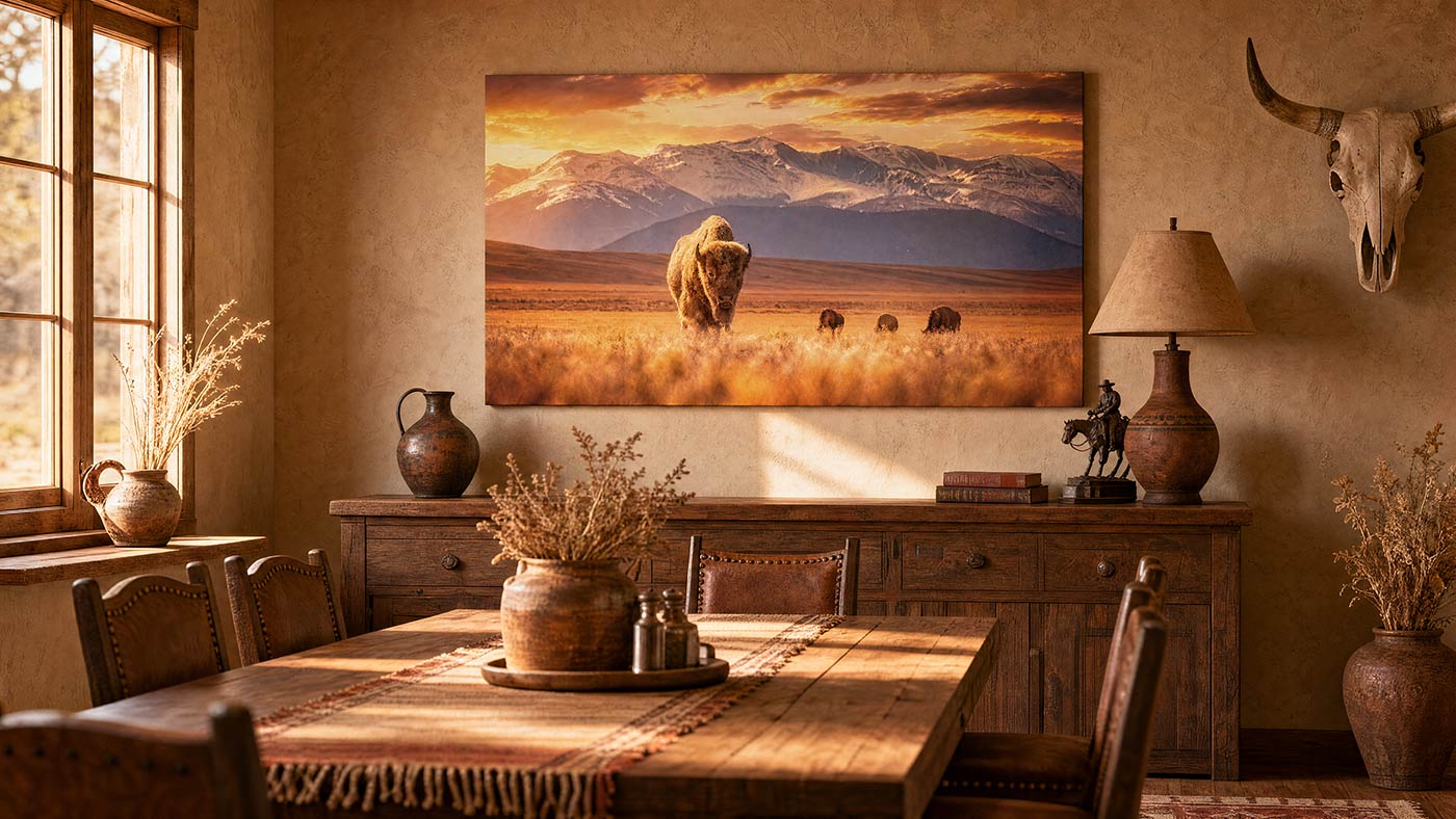 A large rectangular wall art print depicting a bison in a golden prairie with mountains in the background, displayed above a wooden sideboard in a rustic dining room with a table, chairs, lamp, and wall decor.