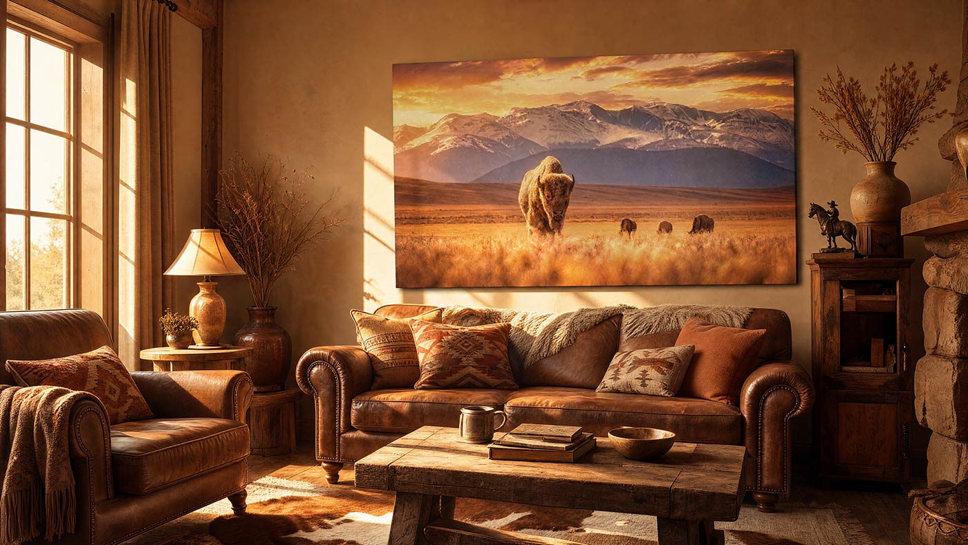 A large rectangular wall art print depicting a bison herd in a golden grassland with mountains in the background, displayed above a brown leather sofa in a rustic living room with warm wood tones and candles.