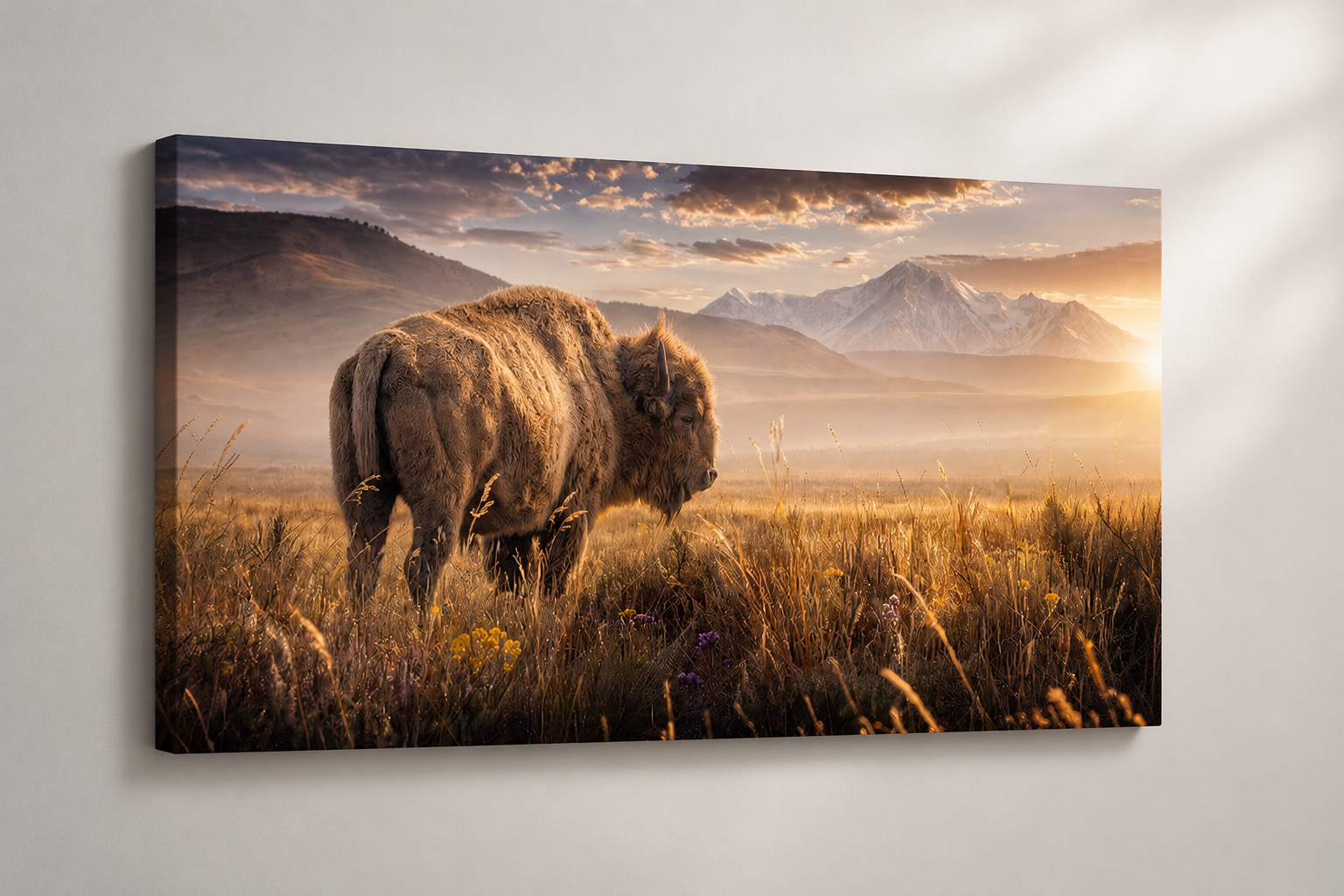 Bison wildflower prairie wall art displayed as a thin premium gallery-wrapped canvas mockup