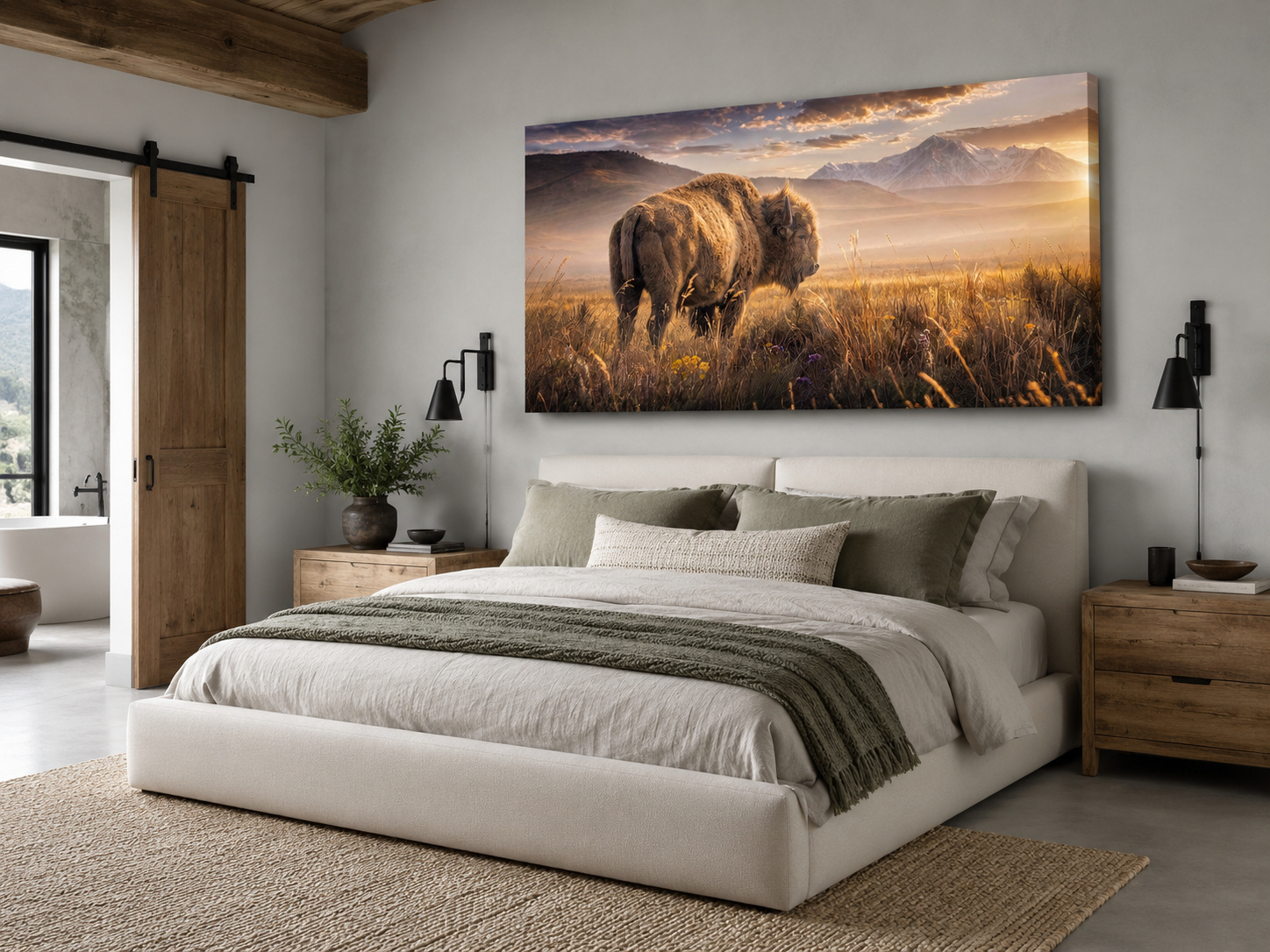 Snowy mountain bison wildflower prairie photography canvas displayed in a modern ranch bedroom suite
