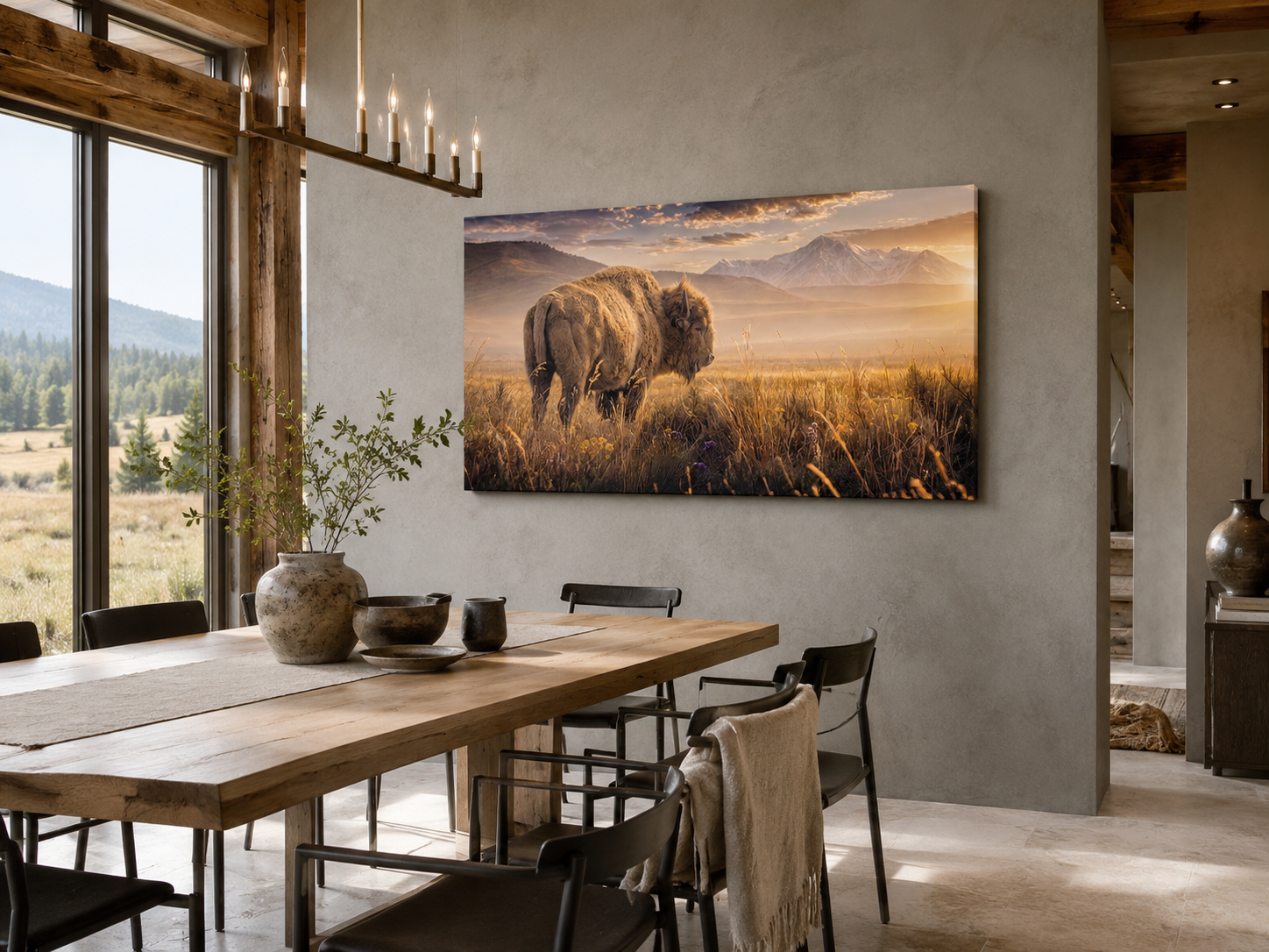 Bison wildflower prairie snowy mountain canvas wall art in a contemporary mountain lodge dining room