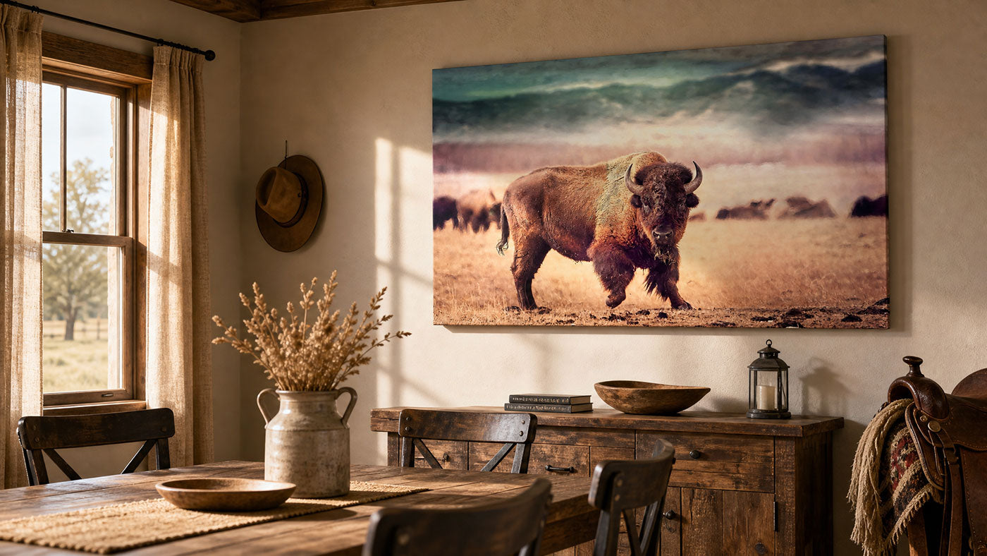 A large rectangular wall art print showing a bison in a grassy landscape hangs on a beige wall in a rustic dining room. The room includes a wooden table, chairs, a sideboard, a hat hanging on the wall, and a window with curtains.