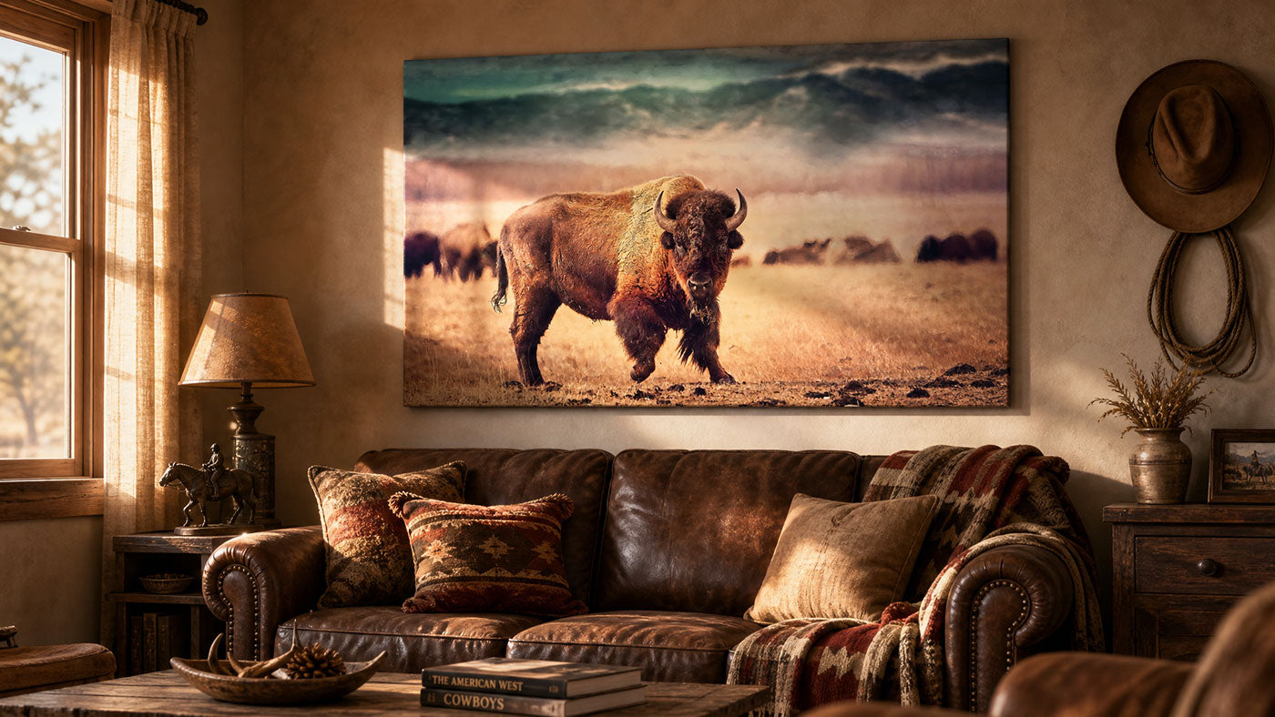 A large rectangular wall art print showing a bison walking across a grassy landscape under a dramatic sky, displayed above a brown leather sofa in a rustic living room.