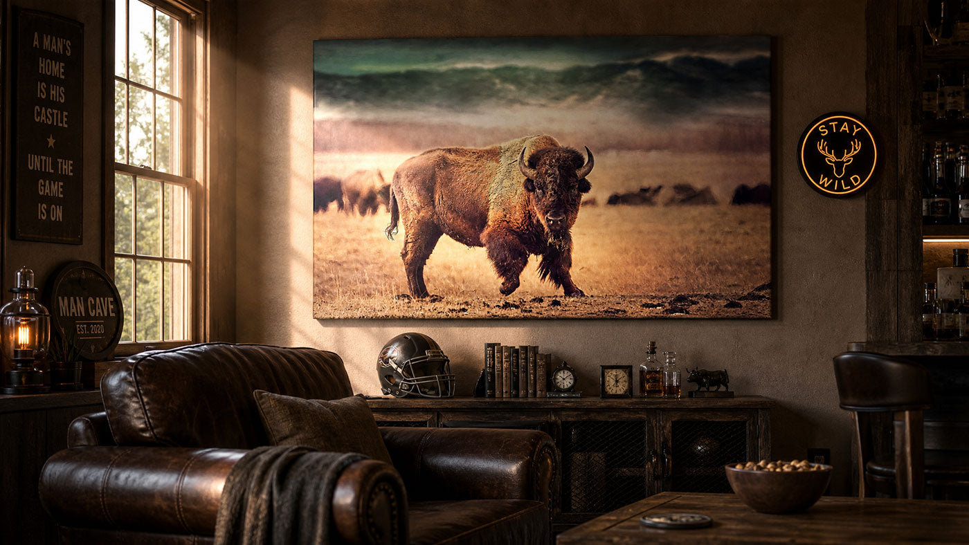 A large rectangular wall art print showing a bison standing in a grassy landscape, displayed above a dark leather sofa in a rustic living room or man cave with wood furniture and warm lighting.