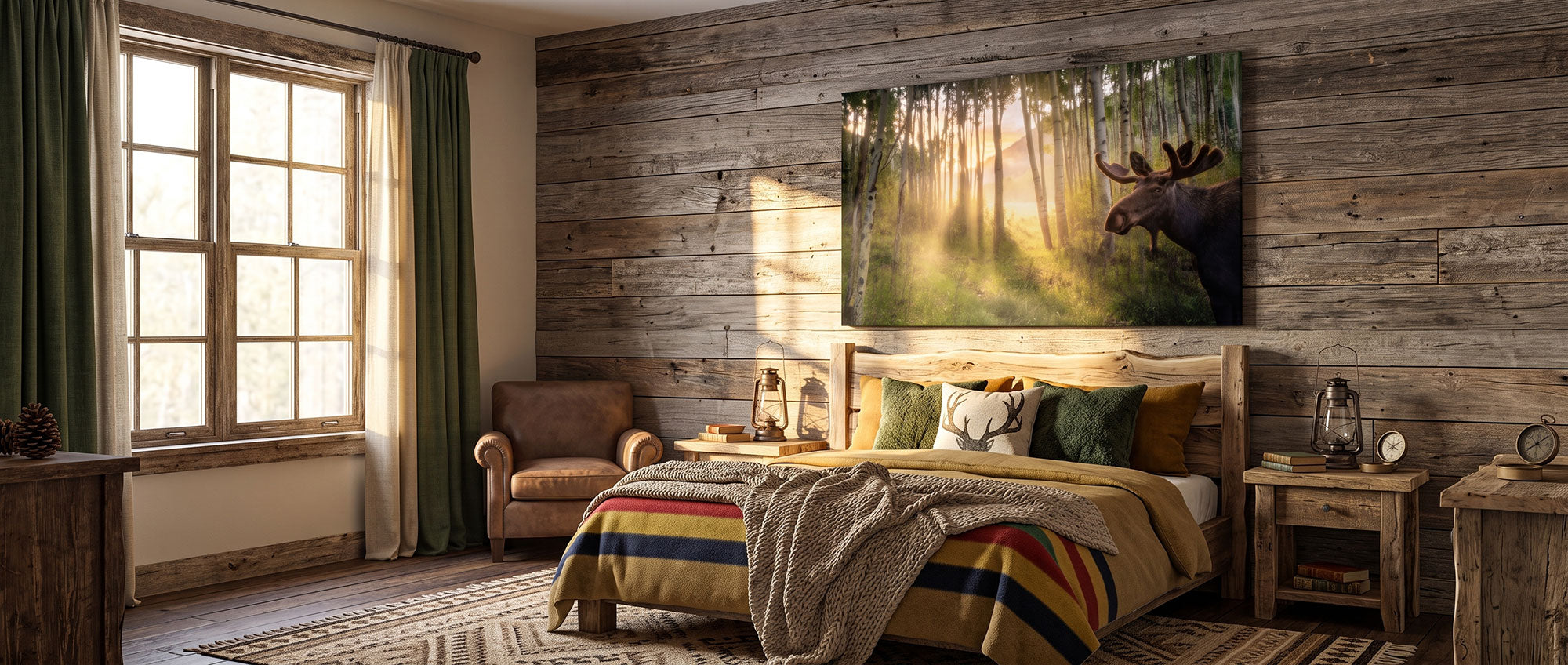 A rustic bedroom scene with a large wall art print depicting a moose in a sunlit forest, mounted above a bed with striped bedding and wood furniture.