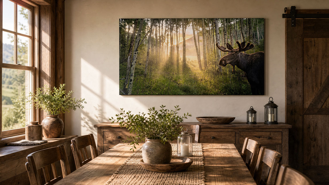 A large rectangular wall art print showing a moose in a sunlit forest hangs above a rustic wooden dining table in a warm, wood-toned room. The scene includes chairs, plants, lanterns, and a barn-style door.