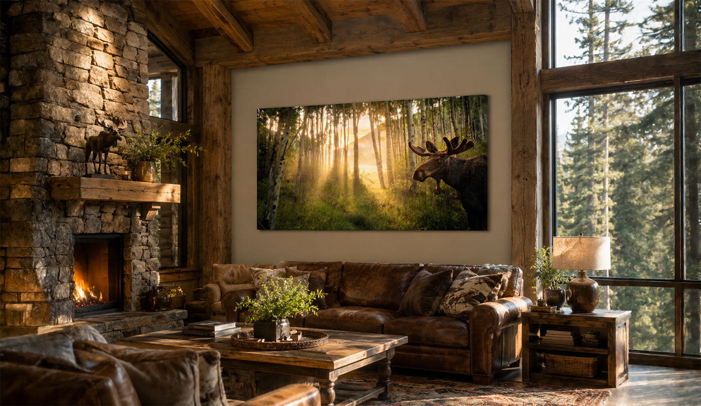 A large rectangular wall art print depicting a sunlit forest with a moose, displayed above a brown leather sofa in a rustic cabin living room with a stone fireplace and wood windows.