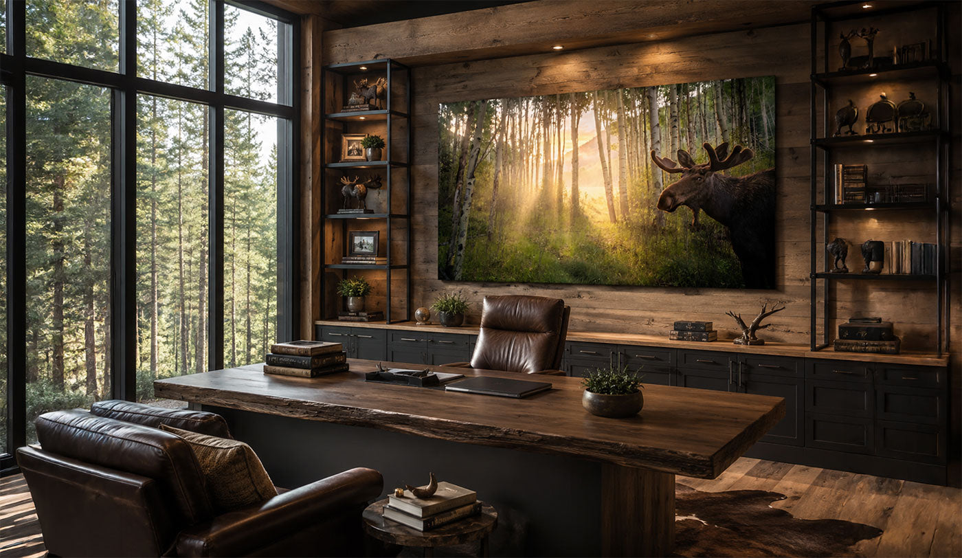 A large wall-mounted forest scene artwork showing a moose in a sunlit woodland, displayed above a wooden desk in a rustic home office with leather chairs, shelves, and large windows overlooking trees.