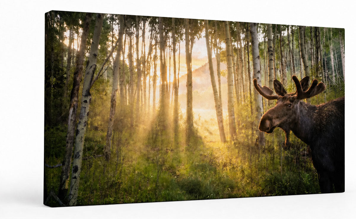 A rectangular wall art print or canvas showing a sunlit forest with birch-like trees and a large moose on the right side, photographed against a plain white background.