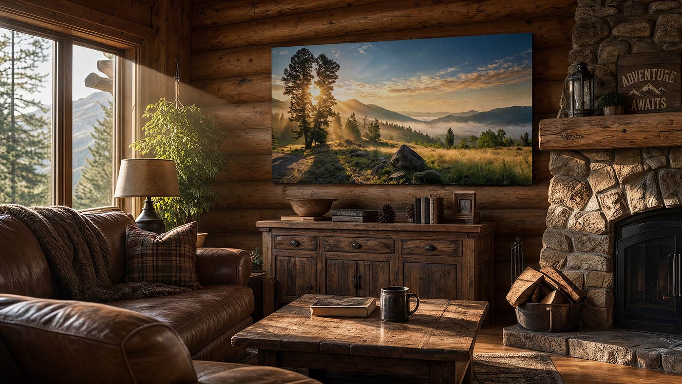 A large rectangular wall art print depicting a scenic mountain landscape at sunset hangs on a rustic wood-paneled wall in a cozy cabin living room with a leather sofa, stone fireplace, and wooden furniture.