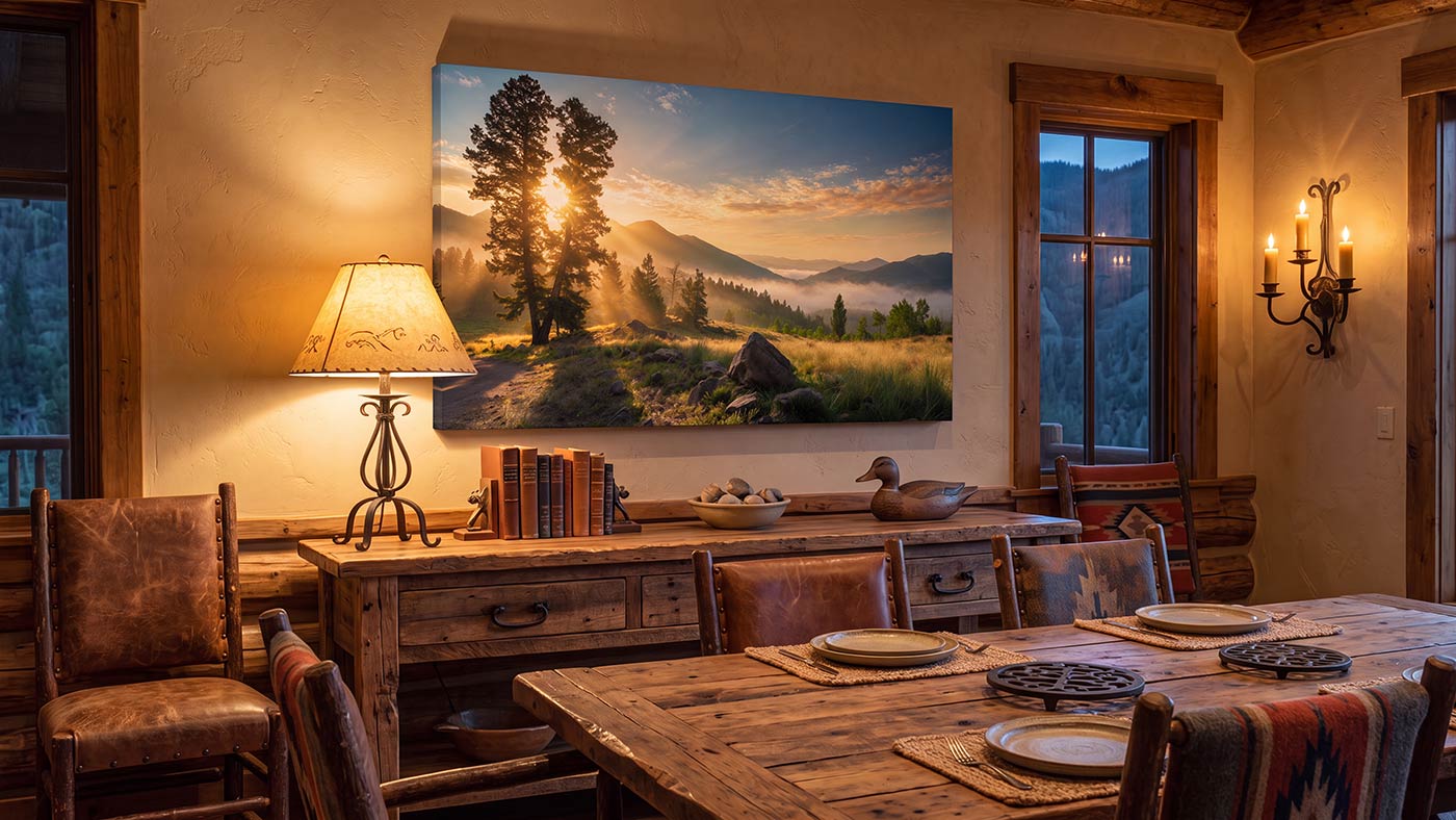 A large rectangular landscape wall art print hangs on a rustic wood-paneled wall above a wooden console table in a warmly lit dining room. The artwork depicts a sunlit forest valley with mountains, trees, and a golden sky.