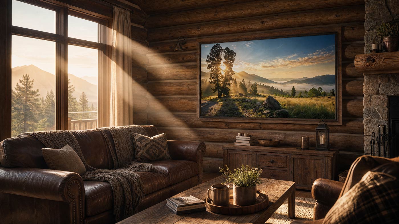 A framed landscape art print depicting a pine tree and mountain valley at sunset, displayed on a wooden wall in a cozy cabin living room with a leather sofa and warm sunlight streaming through the window.
