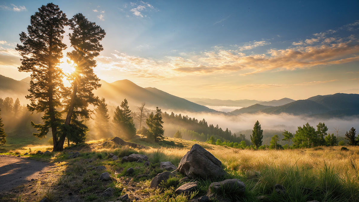 Colorado mountain sunrise wall art featuring golden light through pine trees above a misty valle