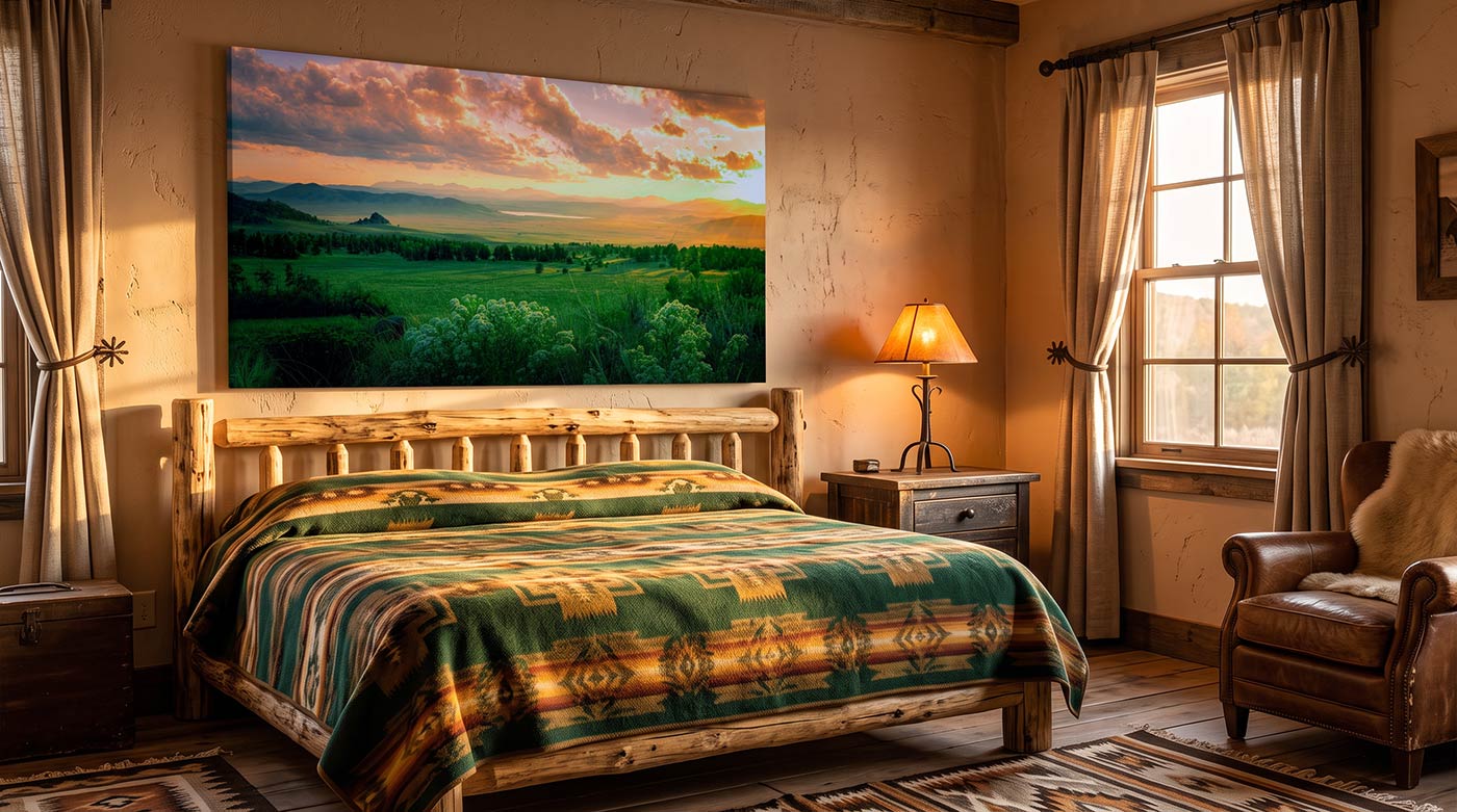 A rustic bedroom scene with a large landscape wall art print above a bed. The print shows a green valley, distant mountains, and a dramatic sunset sky with pink, orange, and blue clouds.