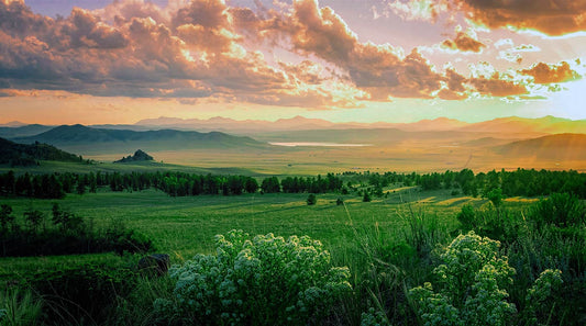 A scenic landscape photograph of rolling green valleys, distant mountains, and a dramatic sunset sky filled with pink, orange, and gold clouds.