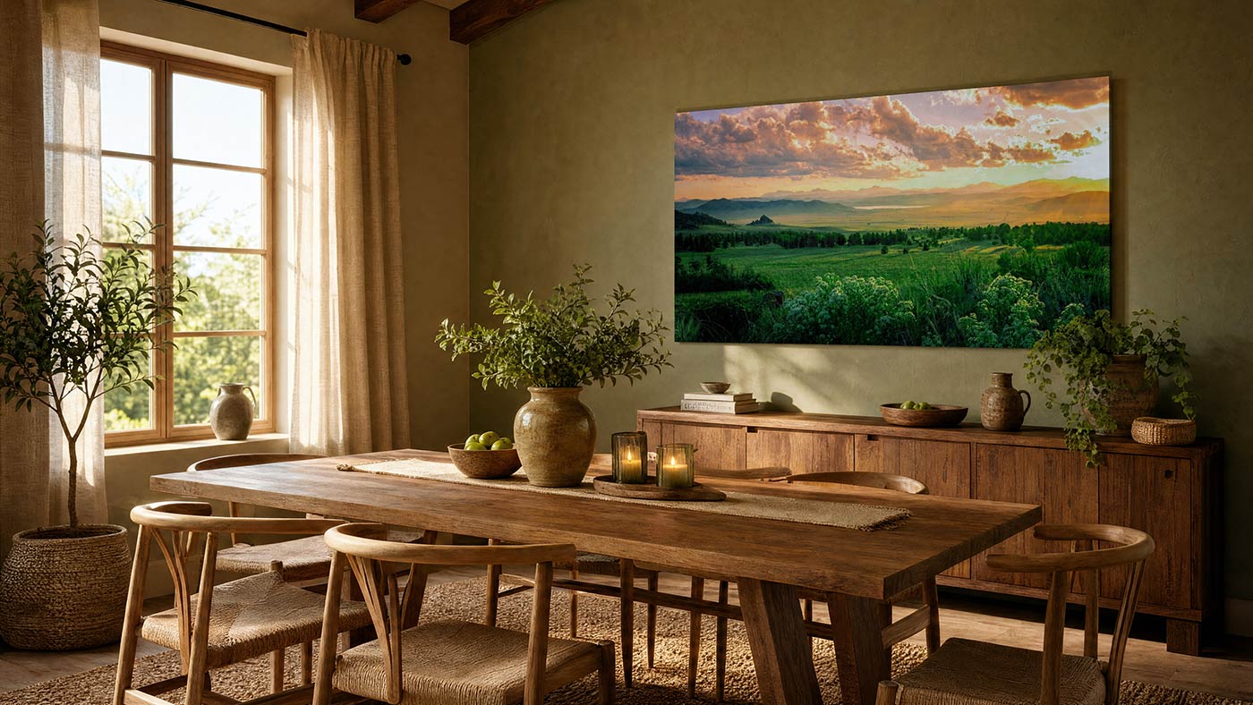 A large rectangular wall art print depicting a lush green landscape under a dramatic sunset sky, displayed in a warm, rustic dining room above a wooden credenza.