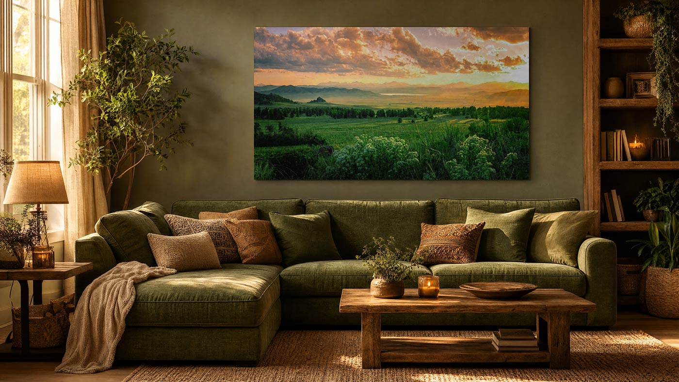 A large rectangular landscape wall art print showing a green field under a dramatic sunset sky, displayed above a green sectional sofa in a styled living room.