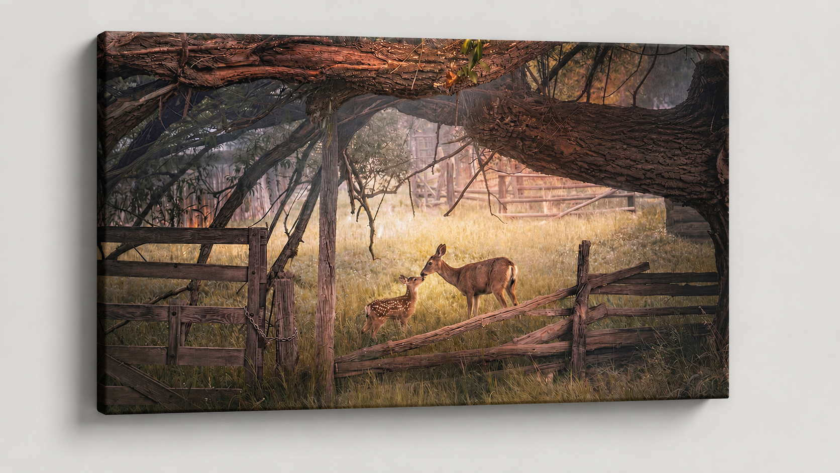 3D gallery wrapped canvas mockup of Deer and Fawn Wall Art featuring a tender rustic wildlife photography print on a premium thin-edge canvas.