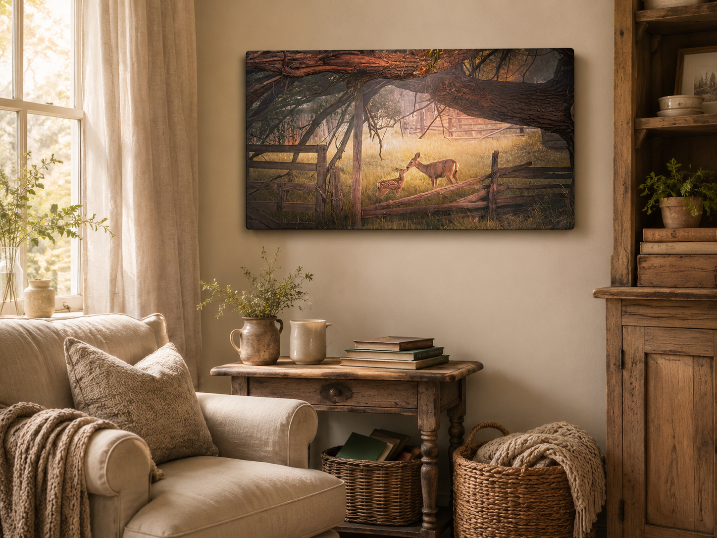 Deer and Fawn Wall Art displayed in a peaceful countryside cottage reading nook with rustic farmhouse décor and warm natural lighting.