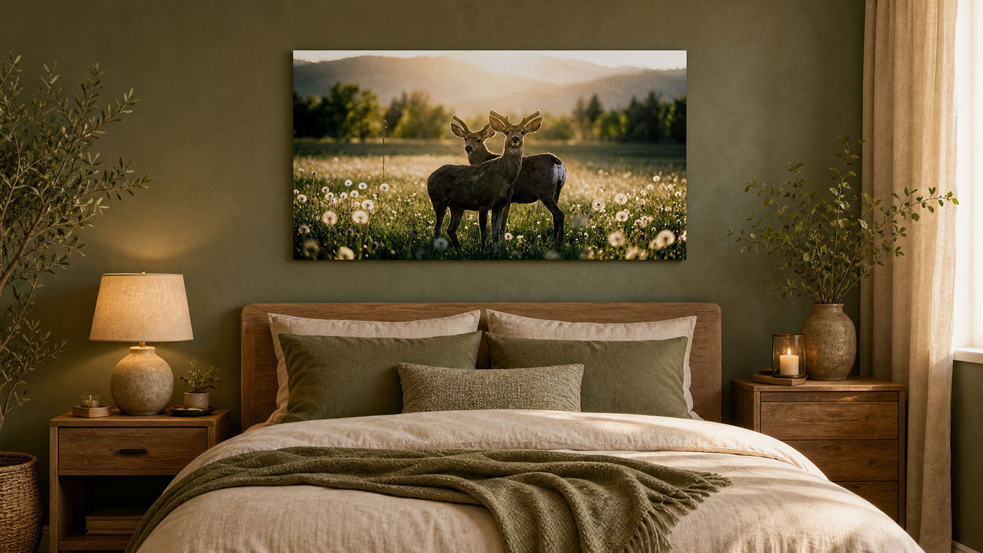 A framed wall art print showing two deer standing in a sunlit flower field, displayed above a neatly made bed in a warm, rustic bedroom setting.