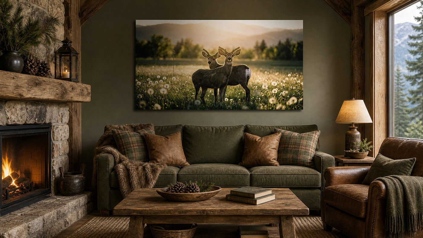 A large canvas wall art print depicting two deer standing in a sunlit meadow, displayed in a rustic cabin living room above a green sofa with a fireplace and wood furniture.