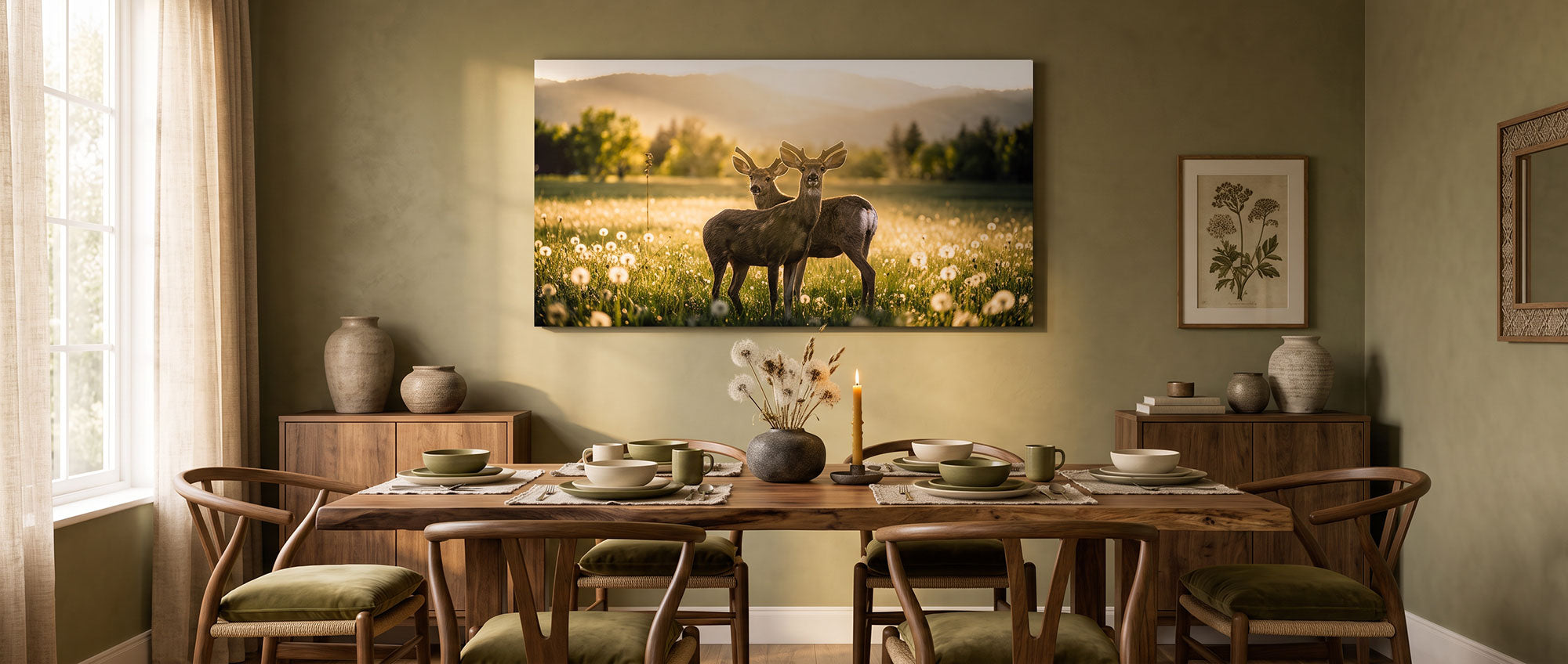 A large rectangular wall art print depicting a deer standing in a sunlit meadow hangs above a wooden dining table in a styled dining room with green walls, chairs, and side tables.
