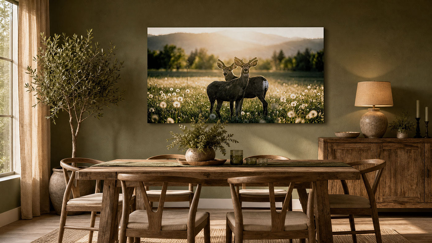 A rectangular wall art print showing two deer standing in a sunlit flower field, displayed above a wooden dining table in a styled interior room with chairs, a lamp, and plants.