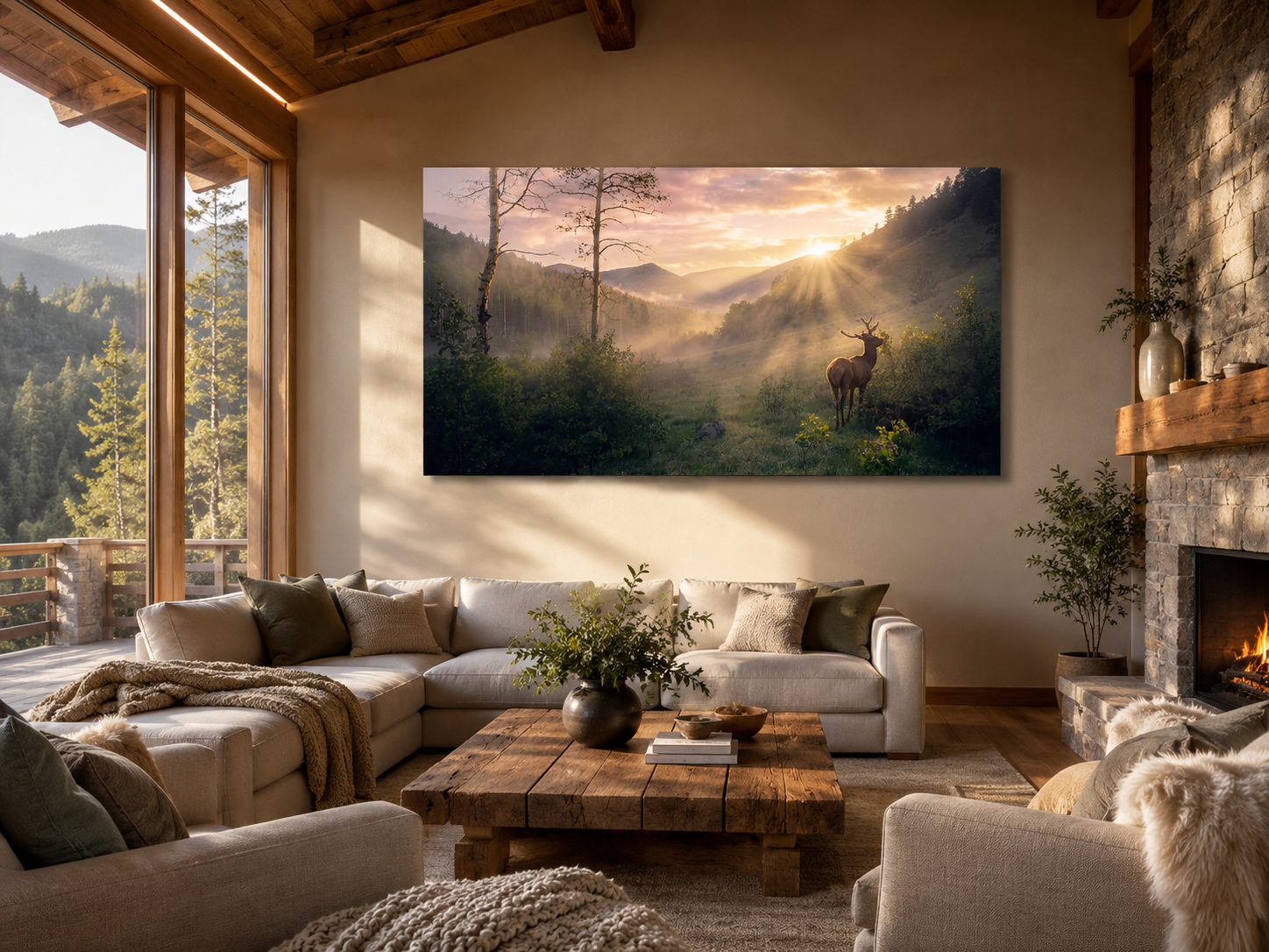 Deer in Mountain Meadow Wall Art displayed in a luxury mountain chalet living room with golden sunrise lighting and natural woodland decor.