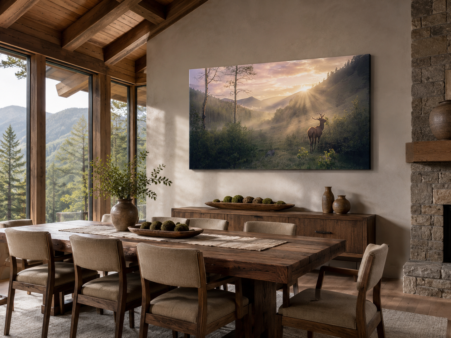 Deer in Mountain Meadow Wall Art displayed in a contemporary mountain lodge dining room with golden valley inspired natural lighting.