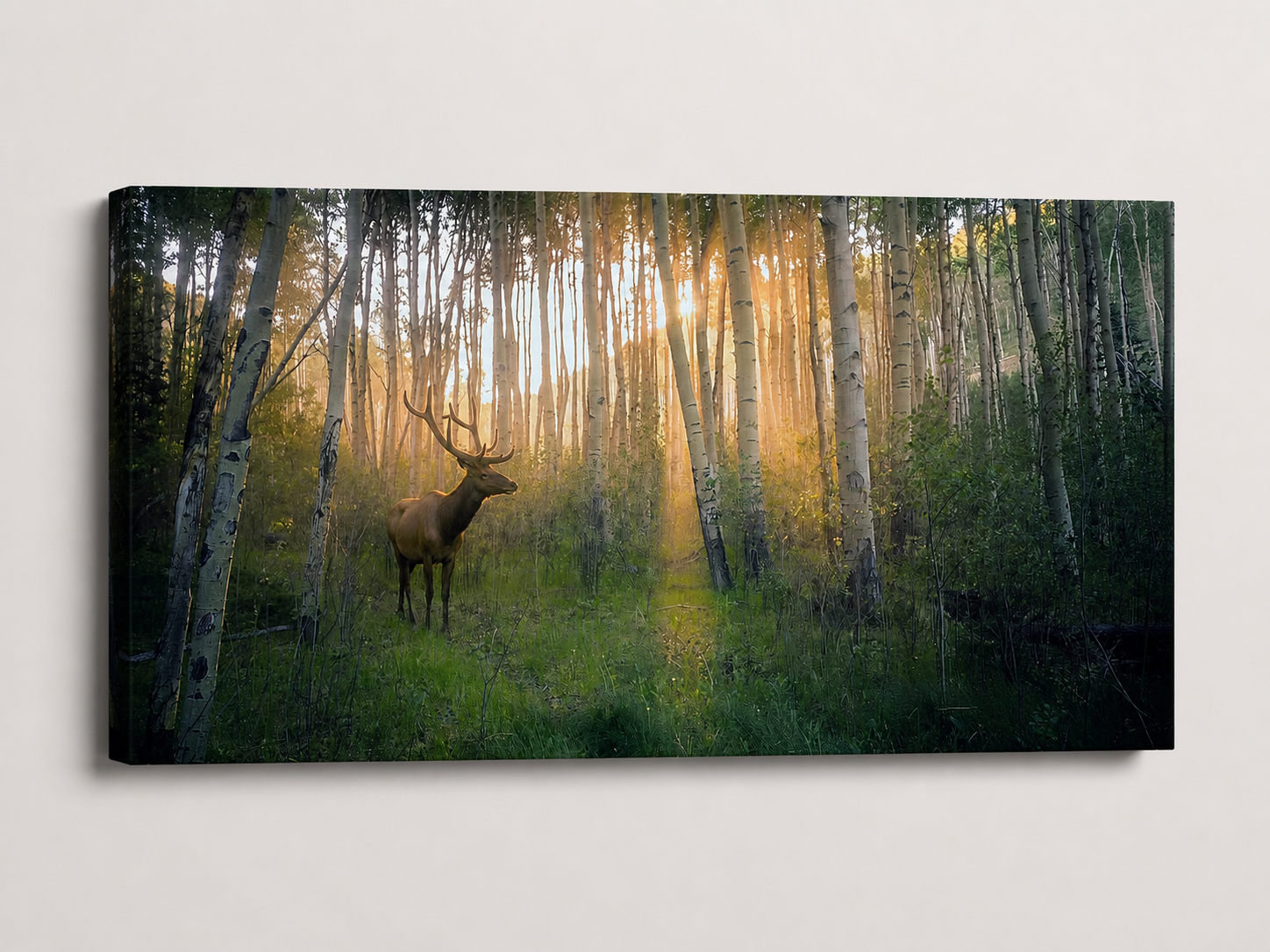 3D gallery wrapped canvas mockup of Deer in Woodland Grove Wall Art featuring a deer in a golden forest with premium thin-edge canvas.