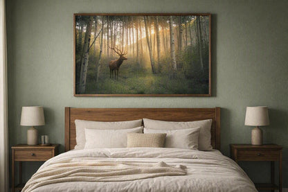Deer in Woodland Grove Wall Art – Golden Forest Photography Print