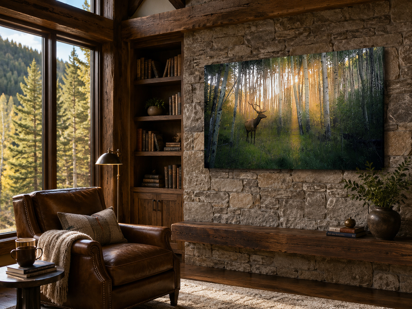 Deer in Woodland Grove Wall Art displayed in a luxury mountain lodge reading room with warm woodland colors and natural sunlight.