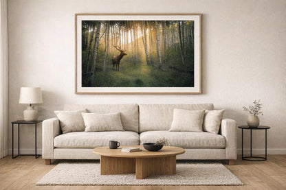 Deer in Woodland Grove Wall Art – Golden Forest Photography Print