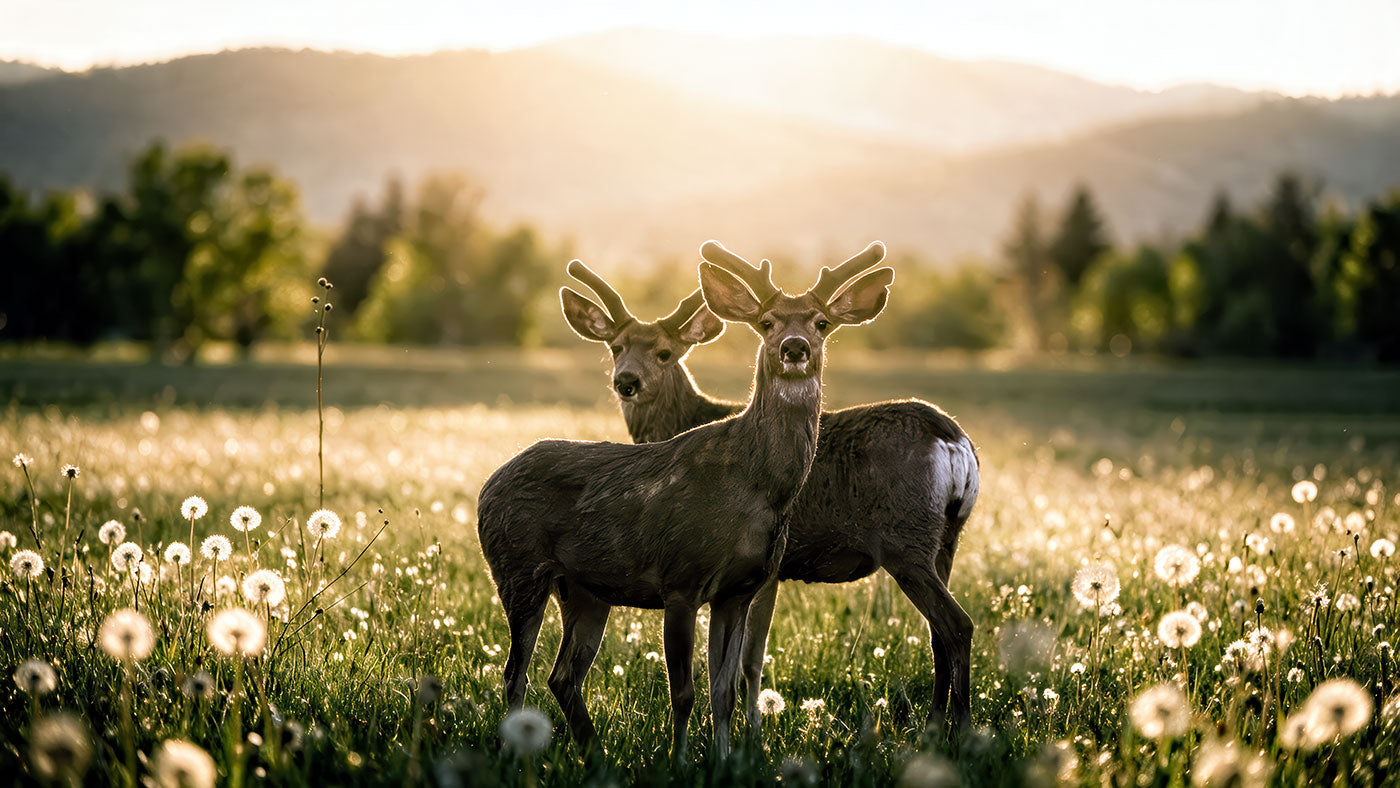 Deer wall art canvas print showing two wild deer in a mountain meadow during golden hour sunset
