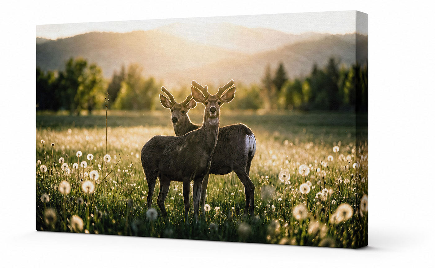 Deer wall art canvas print showing two bucks at sunset in a mountain meadow, printed on a 3D canvas mockup