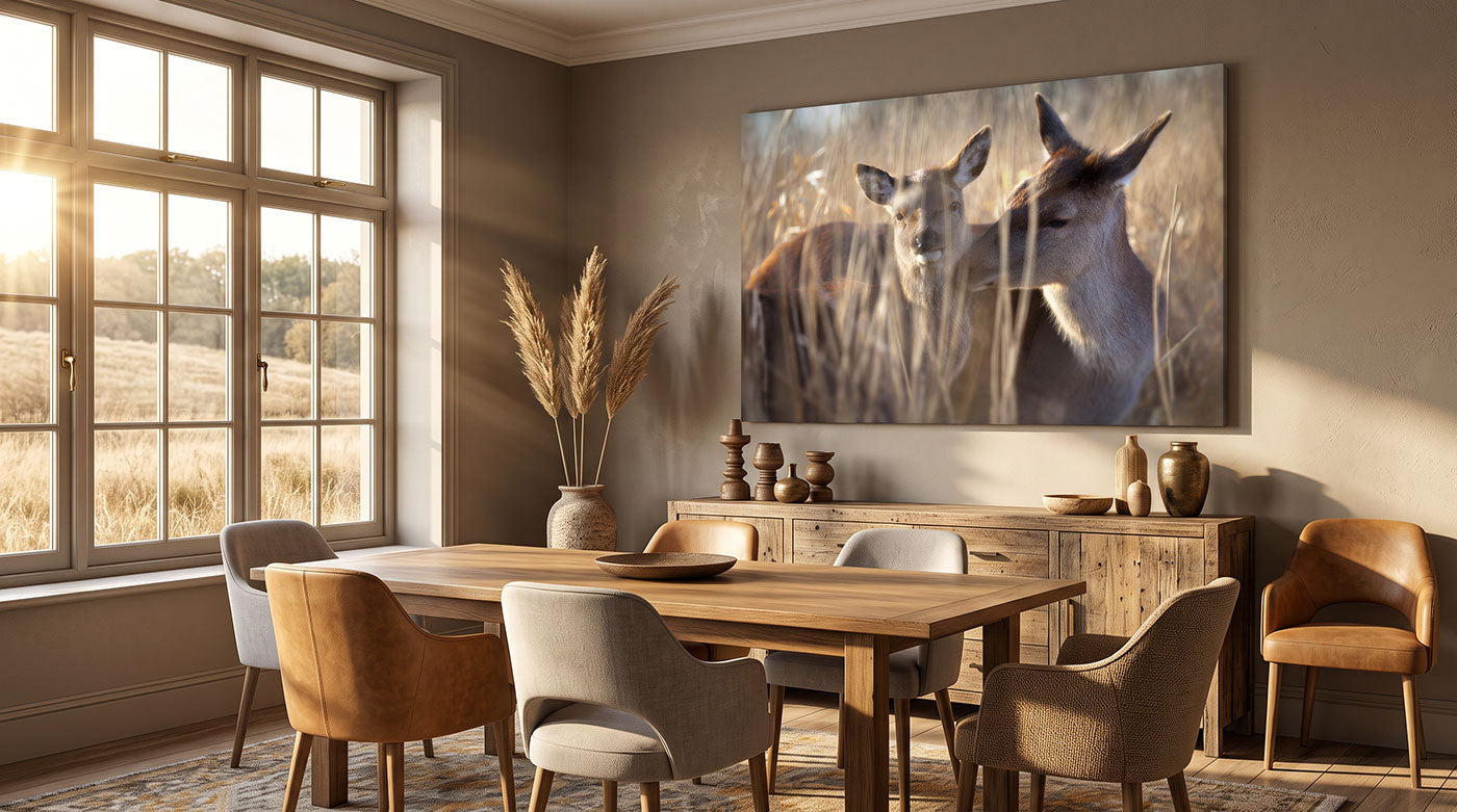 A large rectangular wall art print depicting two deer in a grassy field, displayed in a styled dining room with a wooden dining table, chairs, and a sideboard.