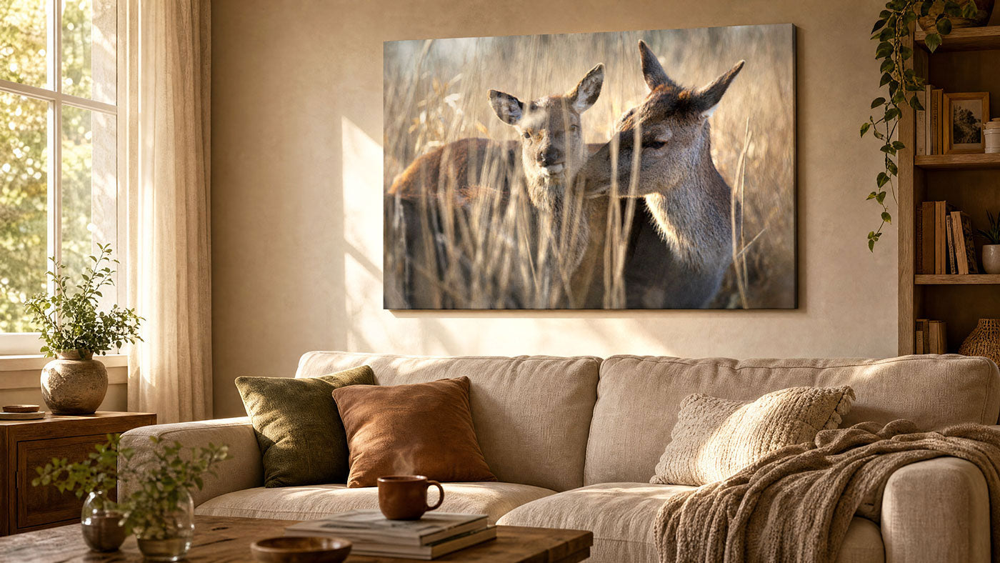 A large rectangular wall art print showing two deer standing in tall dry grass, displayed above a beige sofa in a warm, sunlit living room with pillows, a coffee table, and a bookshelf.