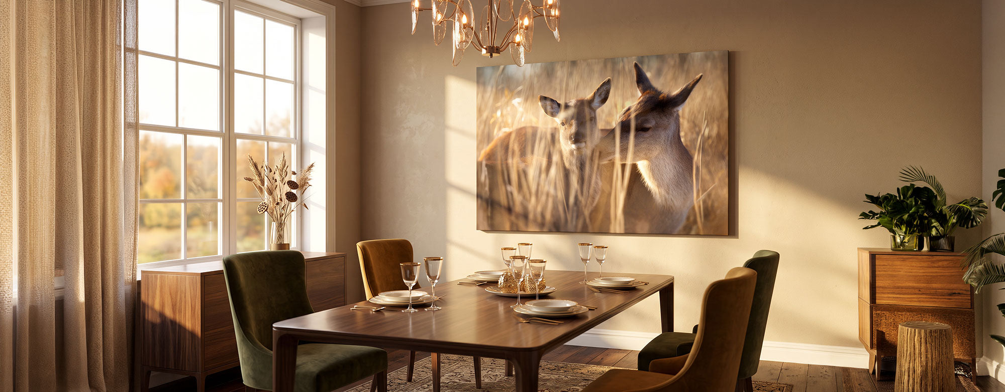 A large framed wall art print depicting a deer in a golden field, displayed in a styled dining room above a wooden dining table with chairs.