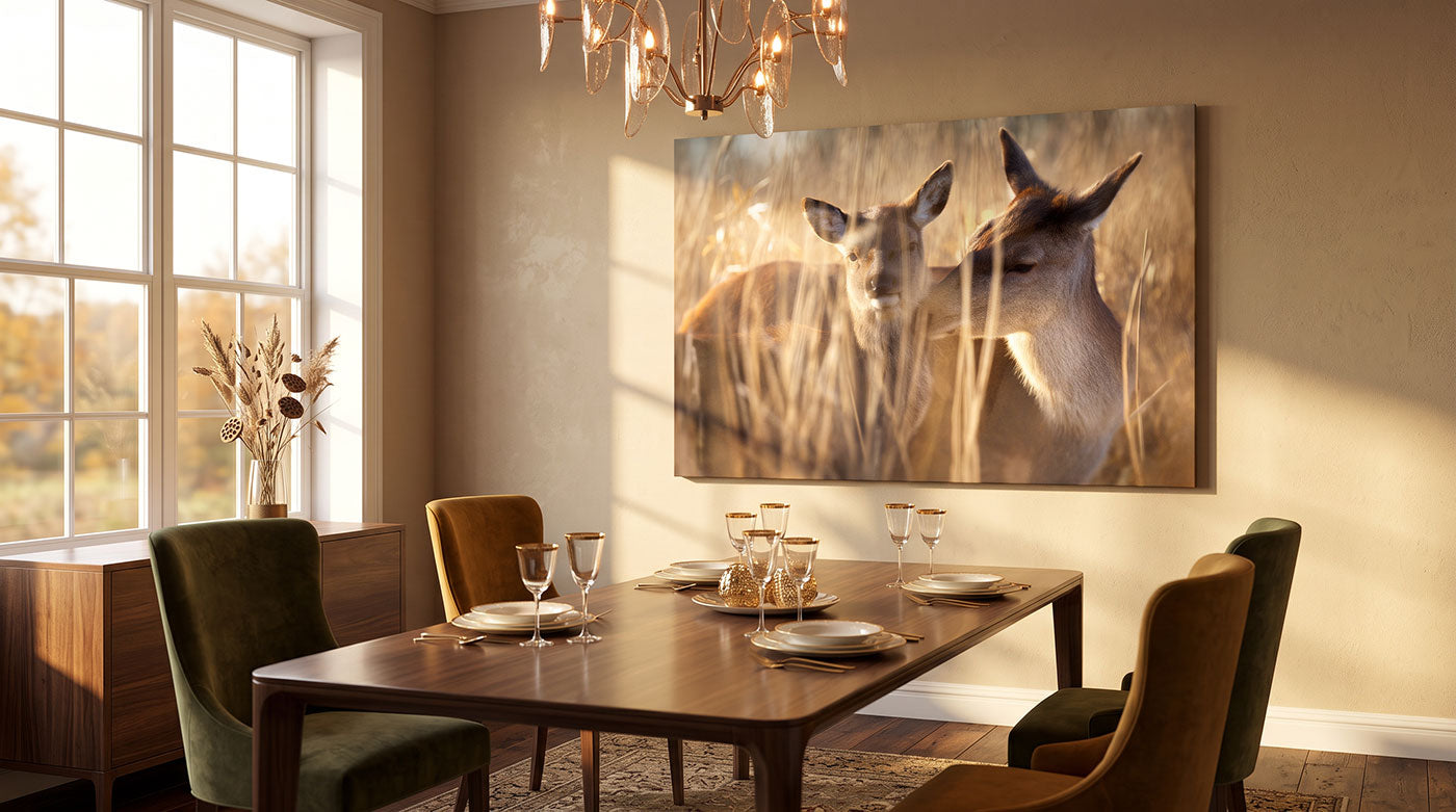 A large rectangular wall art print depicting two deer in a sunlit field, displayed above a wooden dining table with chairs in a warm, modern dining room.