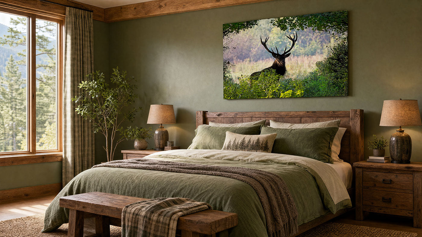 A rustic bedroom scene with a large wall art print depicting a stag in a forest, hung above a bed with sage green bedding and a wooden headboard.